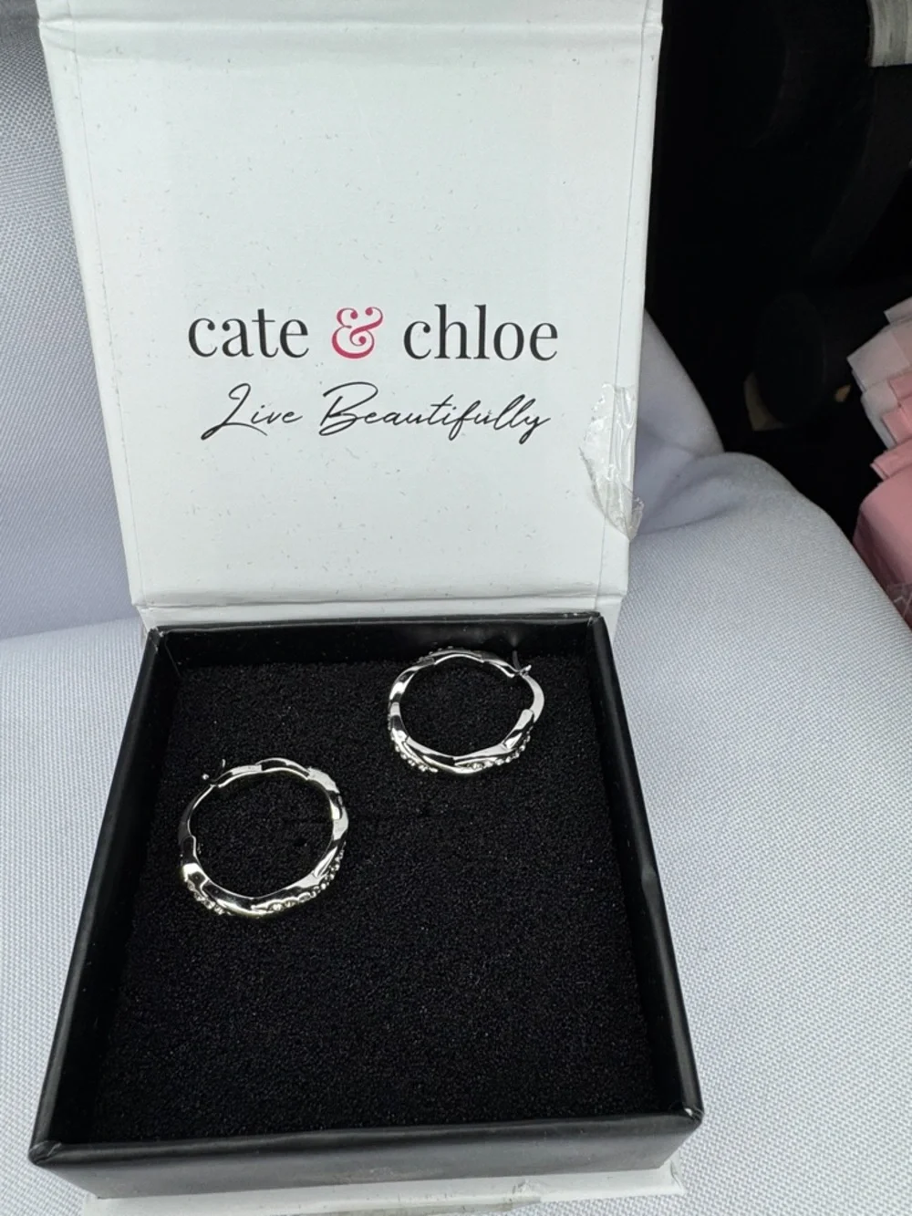 Cate & Chloe Silver Tone Hoop Earrings Rhinestone Gift Box